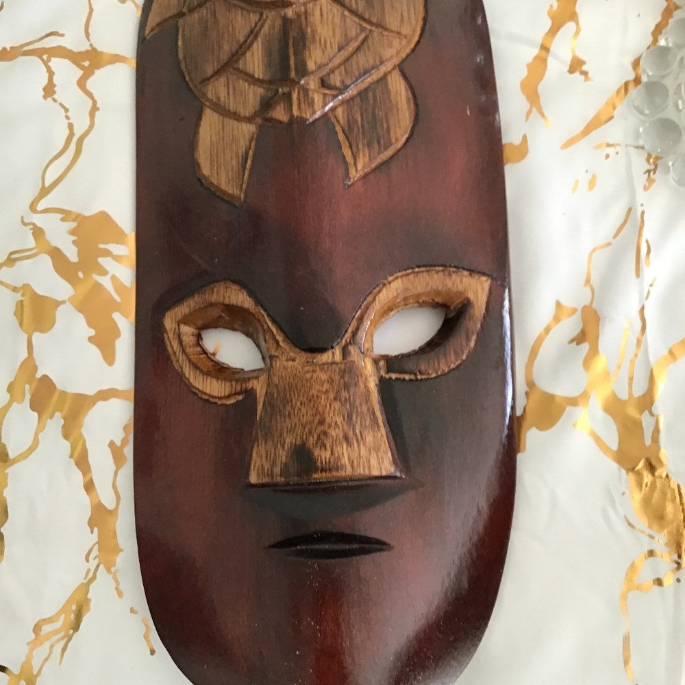 Tribal Wooden Mask Sculpture - Deep Brown and Black Wall Hanging 3 Dimensional